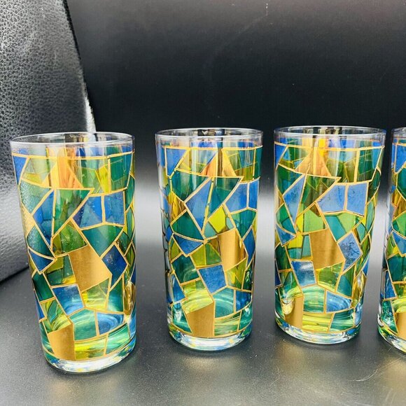 Vtg MCM West Virginia Glass Cocktail Set 22K Gold Mosaic 7 pc 50 oz Pitcher - Picture 4 of 16